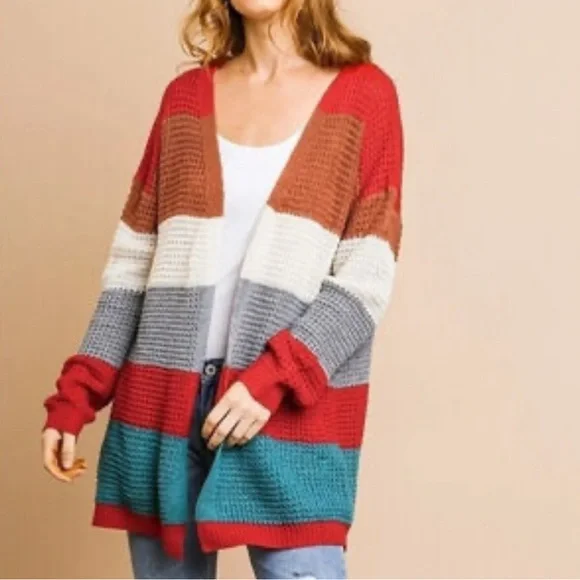 UMGEE Oversized Colorblock Open Front Cardigan, Medium - Picture 1 of 9
